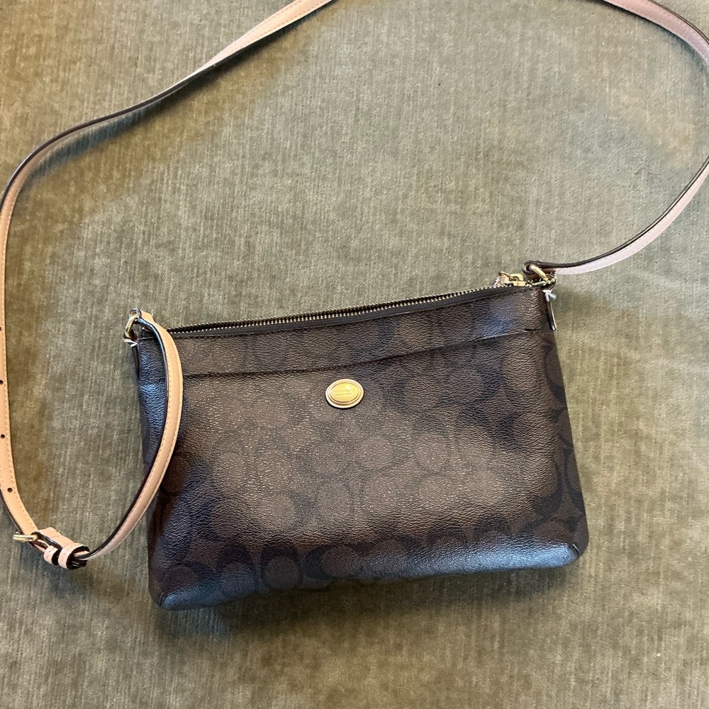 Coach Black/Brown Signature Crossbody with Pale tan Strap